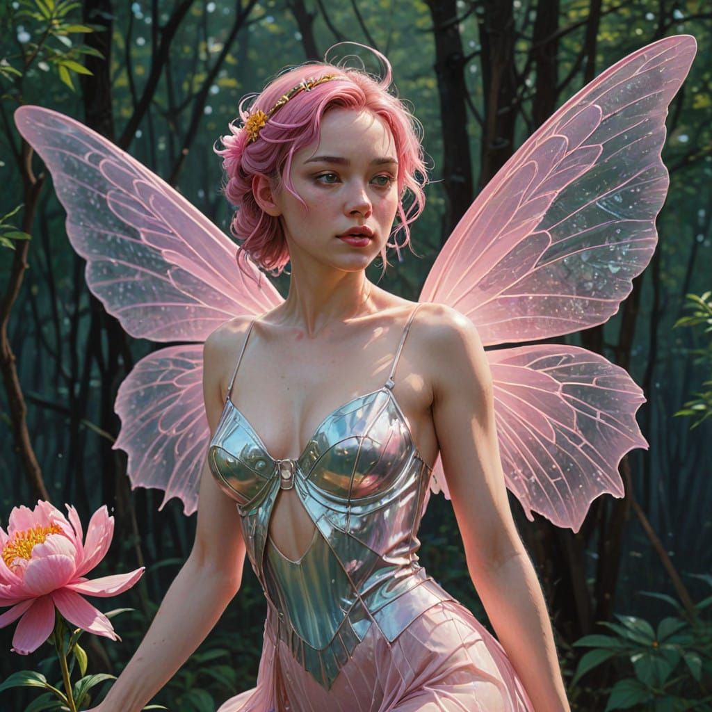 Surreal Fairy Emerges from Blazing Peony in Dreamlike Wonder