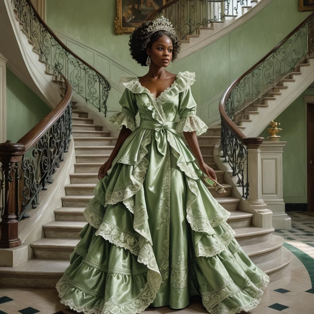 African American Woman in Robe 'a Inglaise Dress