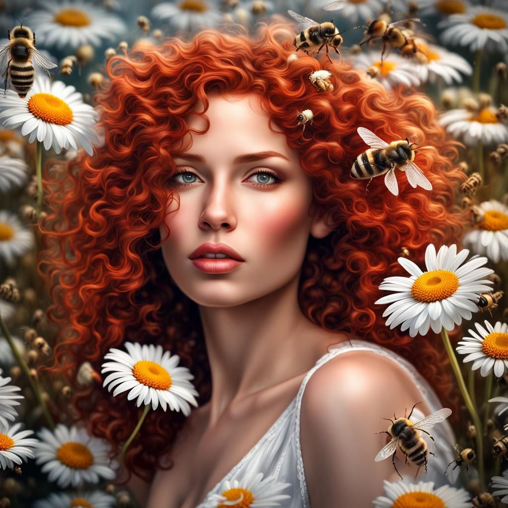 Goddess with Red Hair, Bees, and Daisies