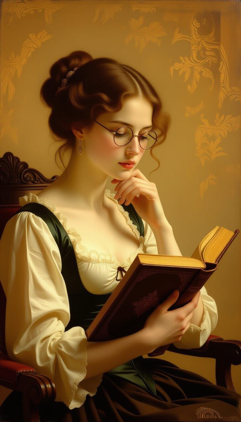Woman Reading in Antique Study, Watercolor Style