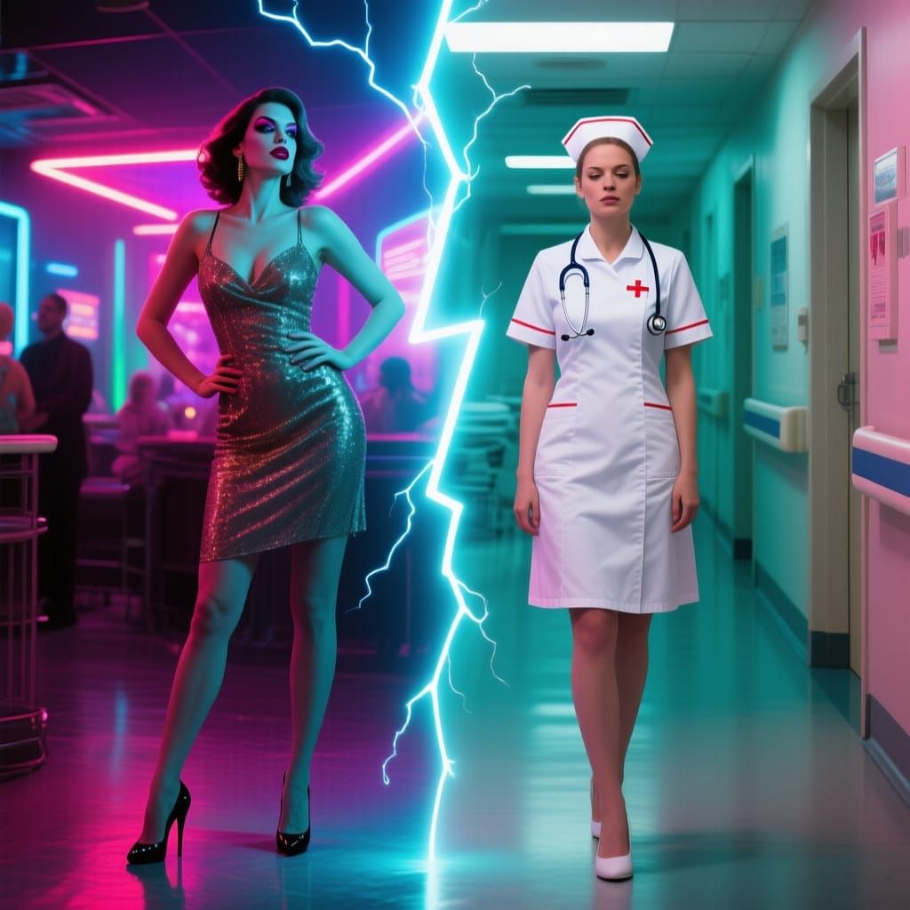 Neon Split: Party Goer and Nurse in Realistic Style