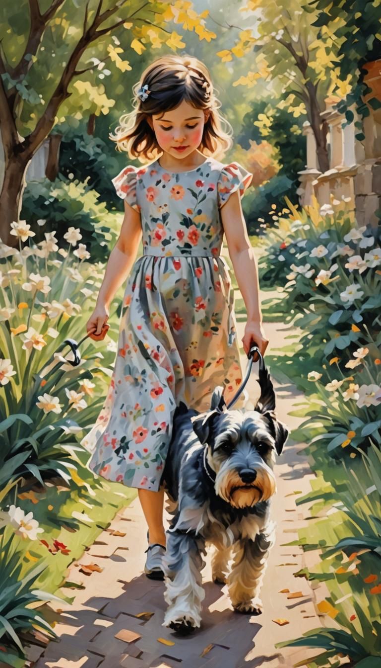 Girl and Schnauzer in Sunny Garden, Impressionist Style
