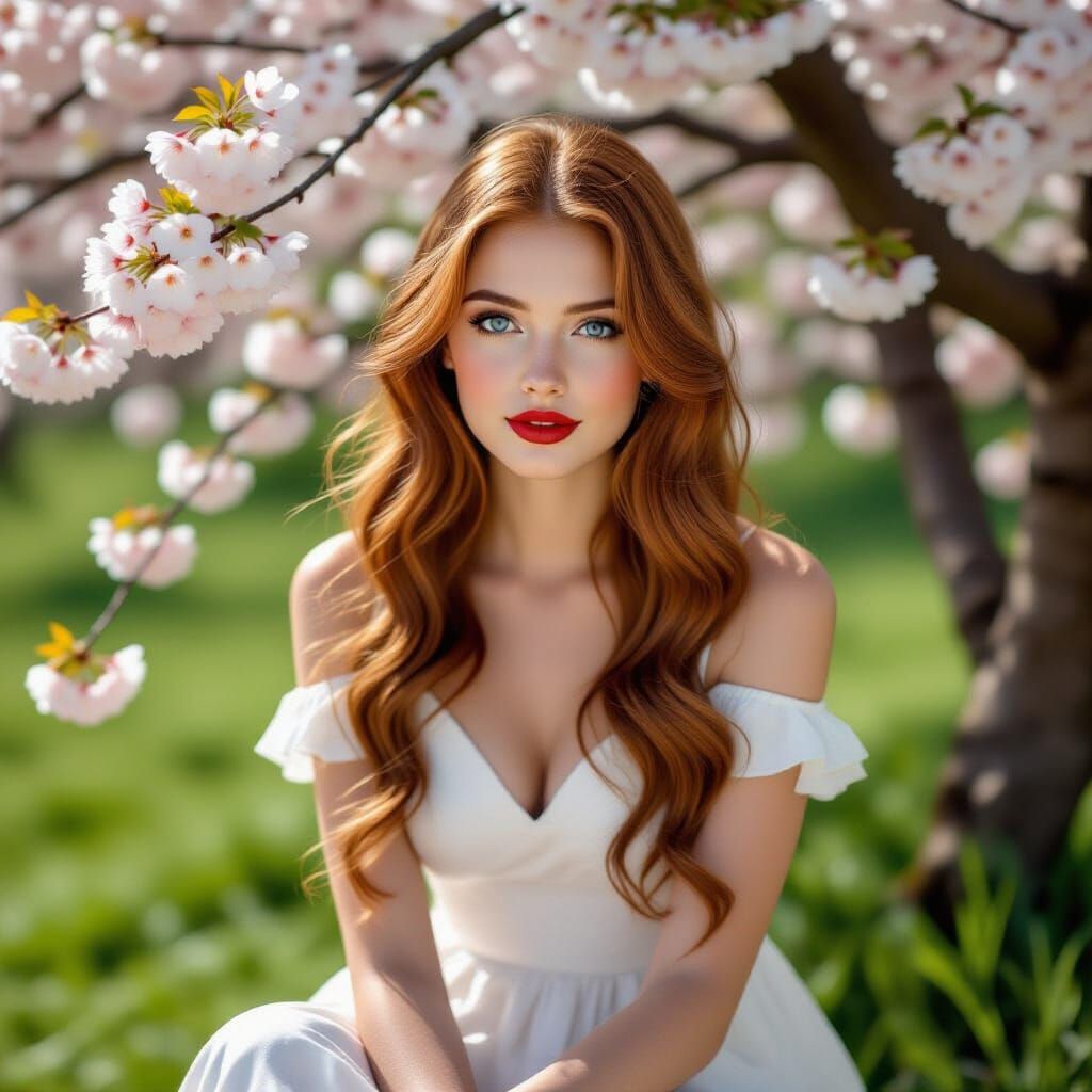 Woman in Sundress Near Cherry Tree, Realistic Style