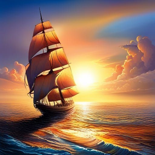 Hyperrealistic Sunset Over Sea with Sailing Ship