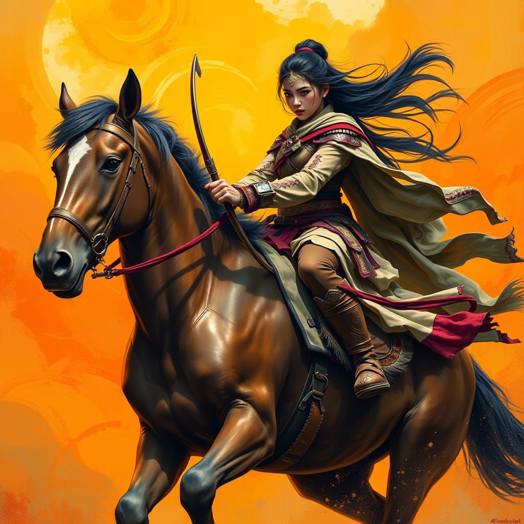 Mongolian Warrior Maiden Leans Off Pony in Oil Painting