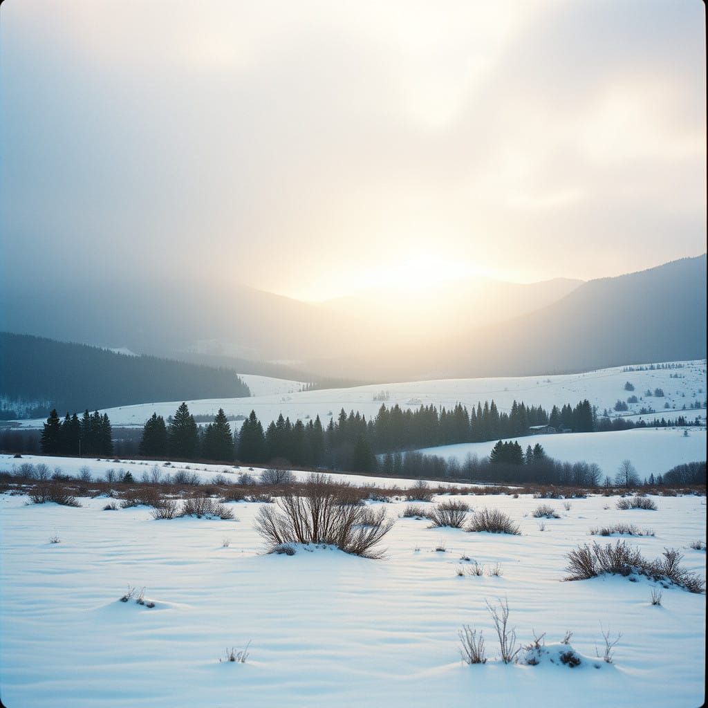 Cinematic Snowy Countryside Landscape in 35mm Film Style