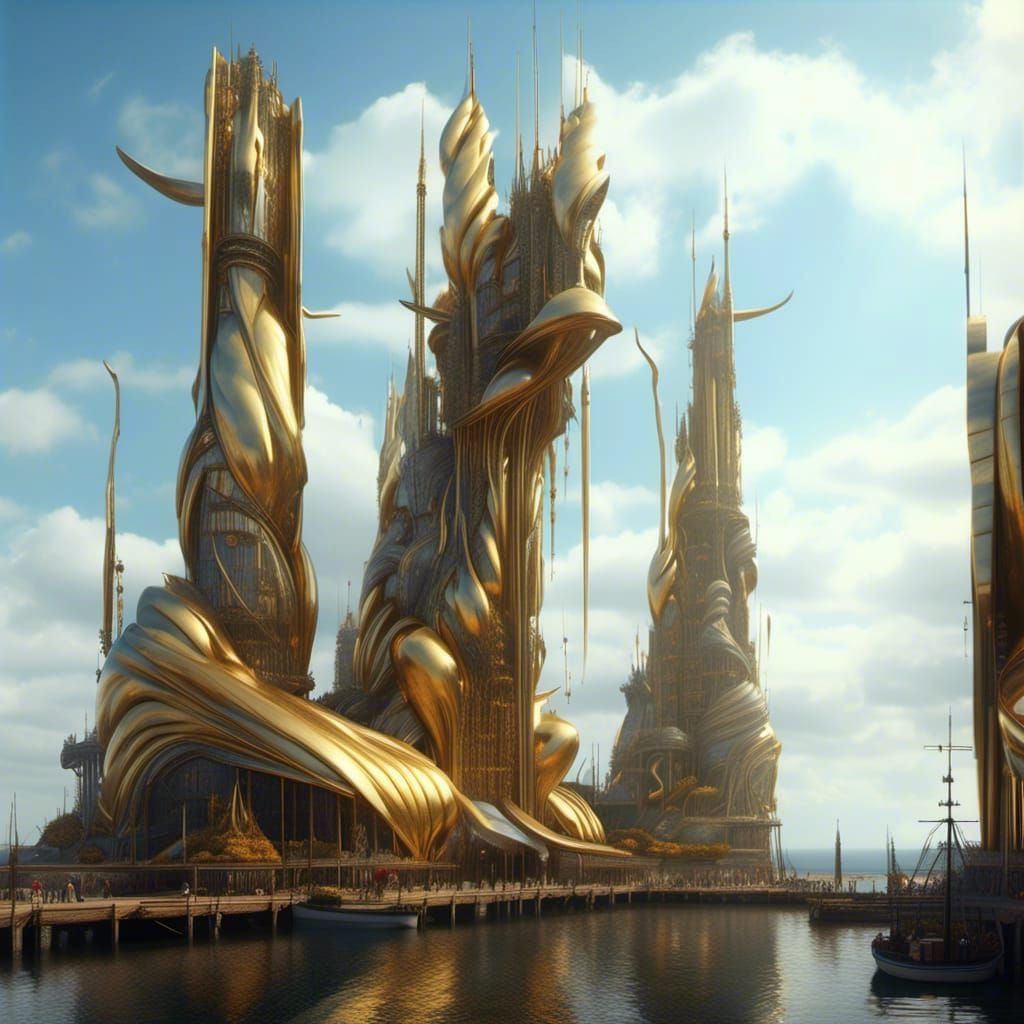 Golden Abstract Structures: Hyperrealistic Bizarre Art