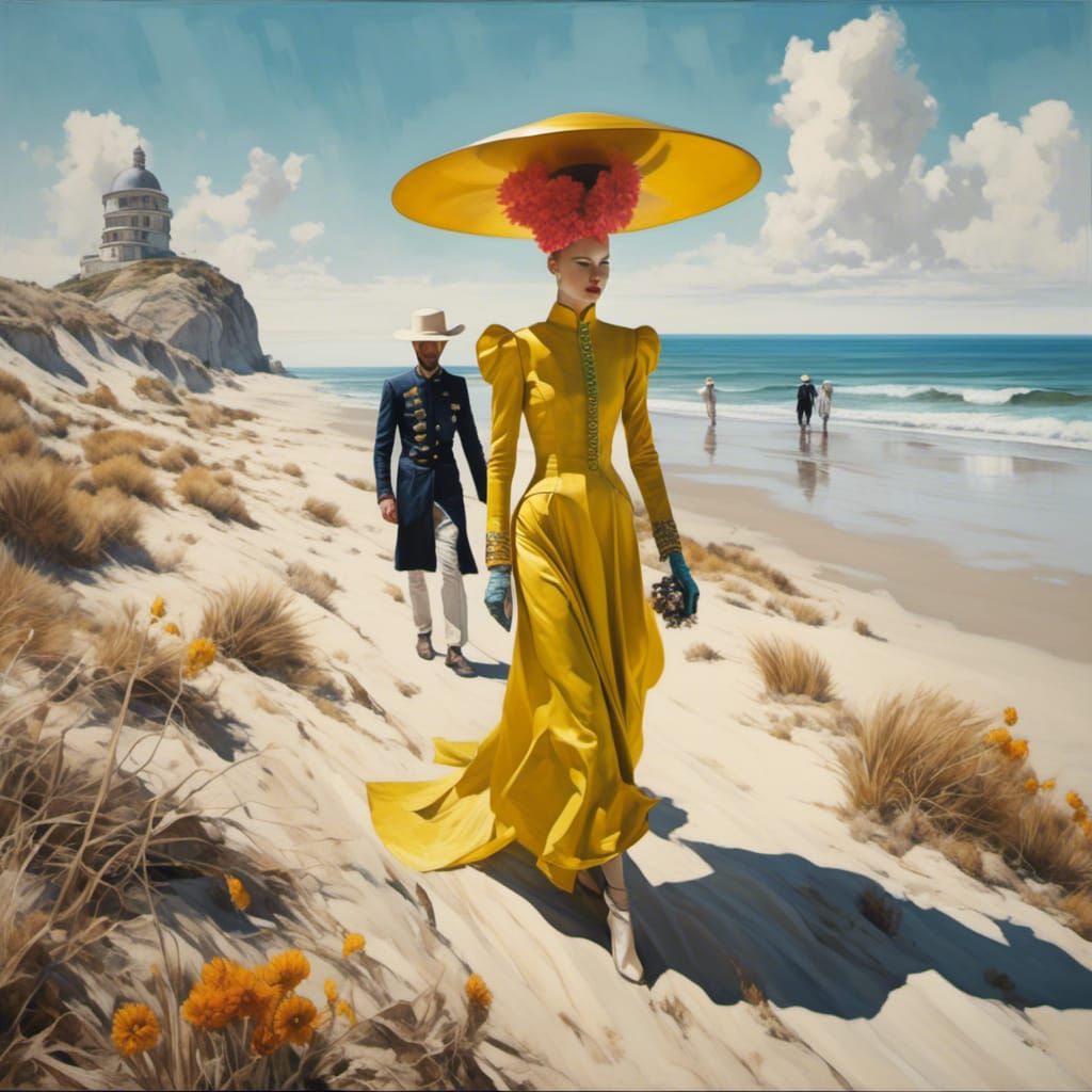 Couple Walking on Italian Beach in Watercolor Style