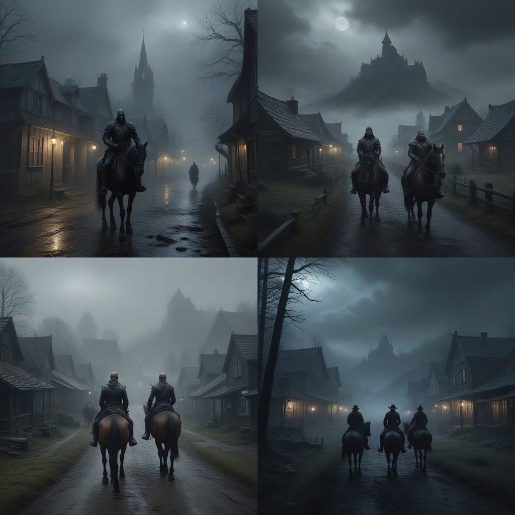 Warriors Approach Gloomy Village in Thick Fog