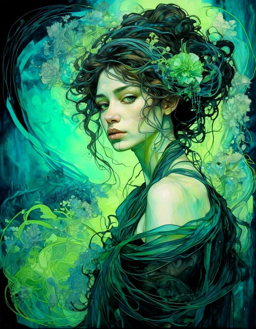 Art Nouveau Woman in Shades of Green and Teal