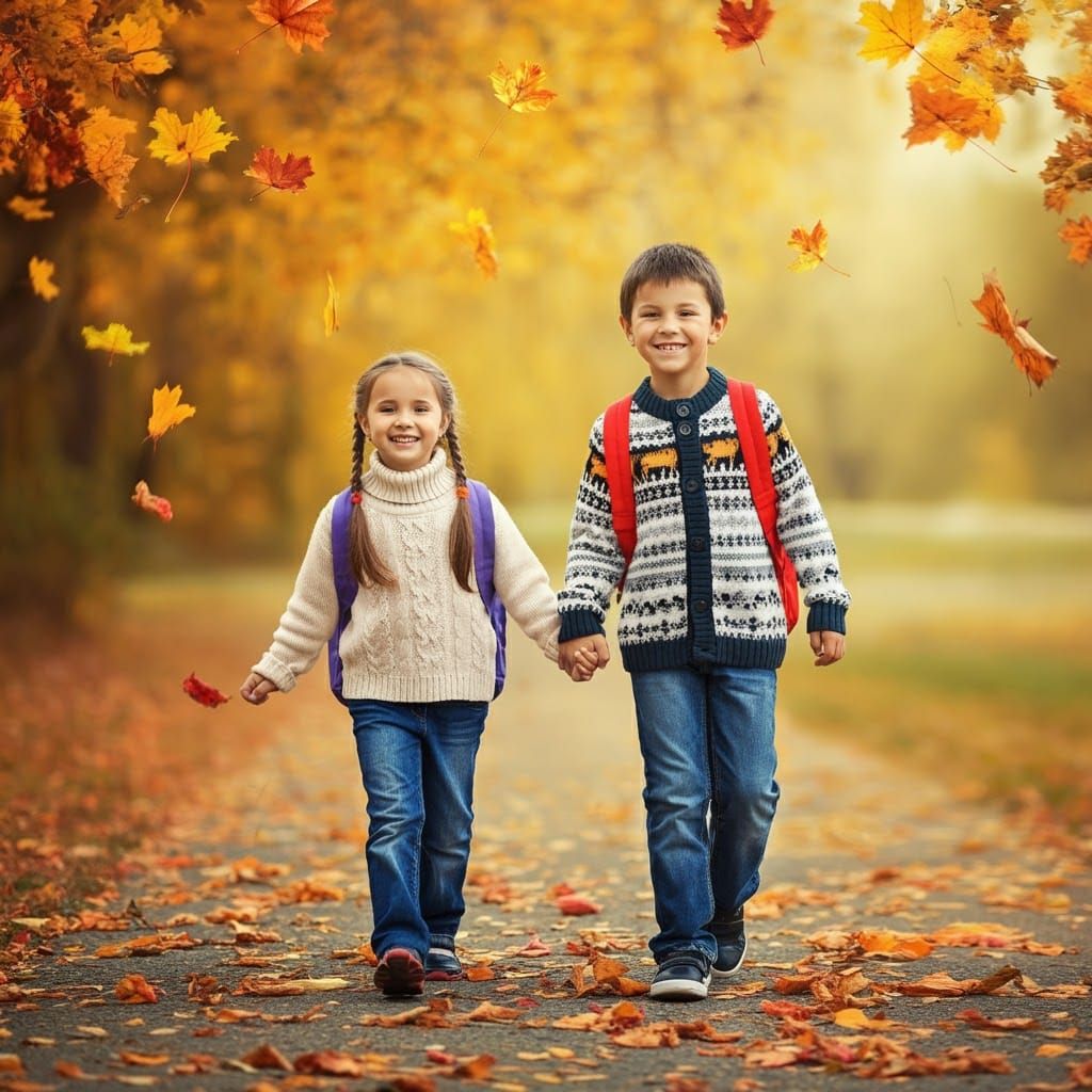 Children's Autumn Walk to School, Rockwell-esque Painting