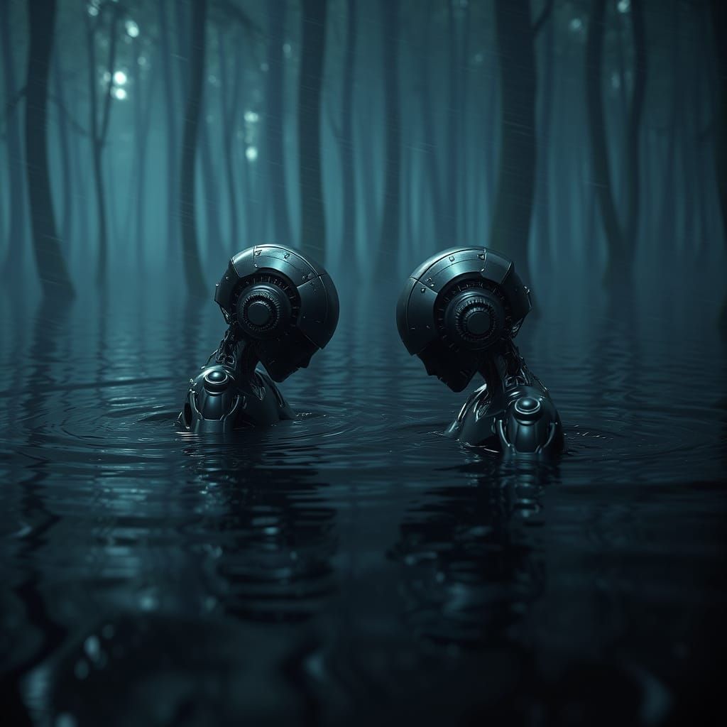 Biomechanical Figures Submerged in Dark Water