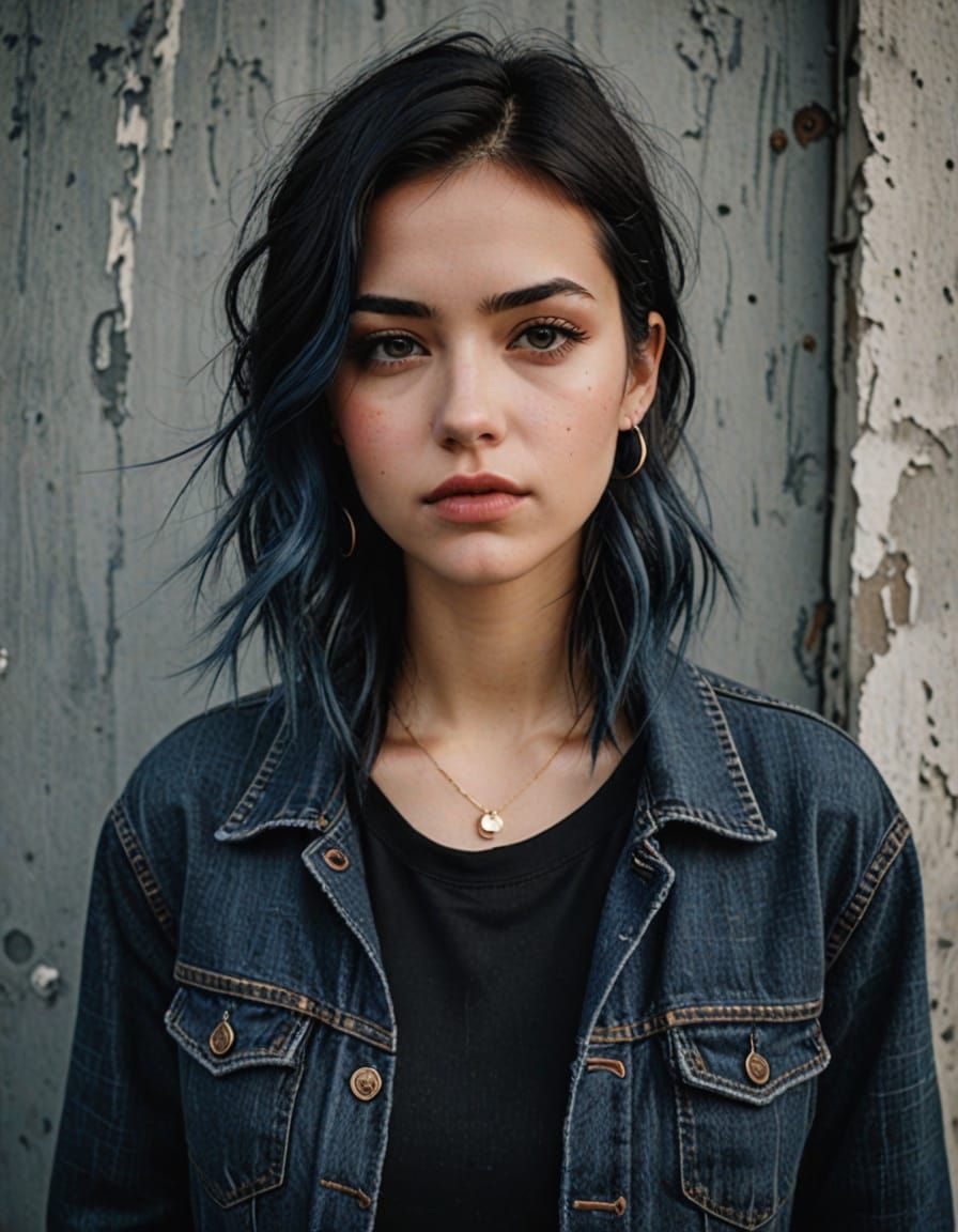 Grunge Portrait in Red Plaid and Denim