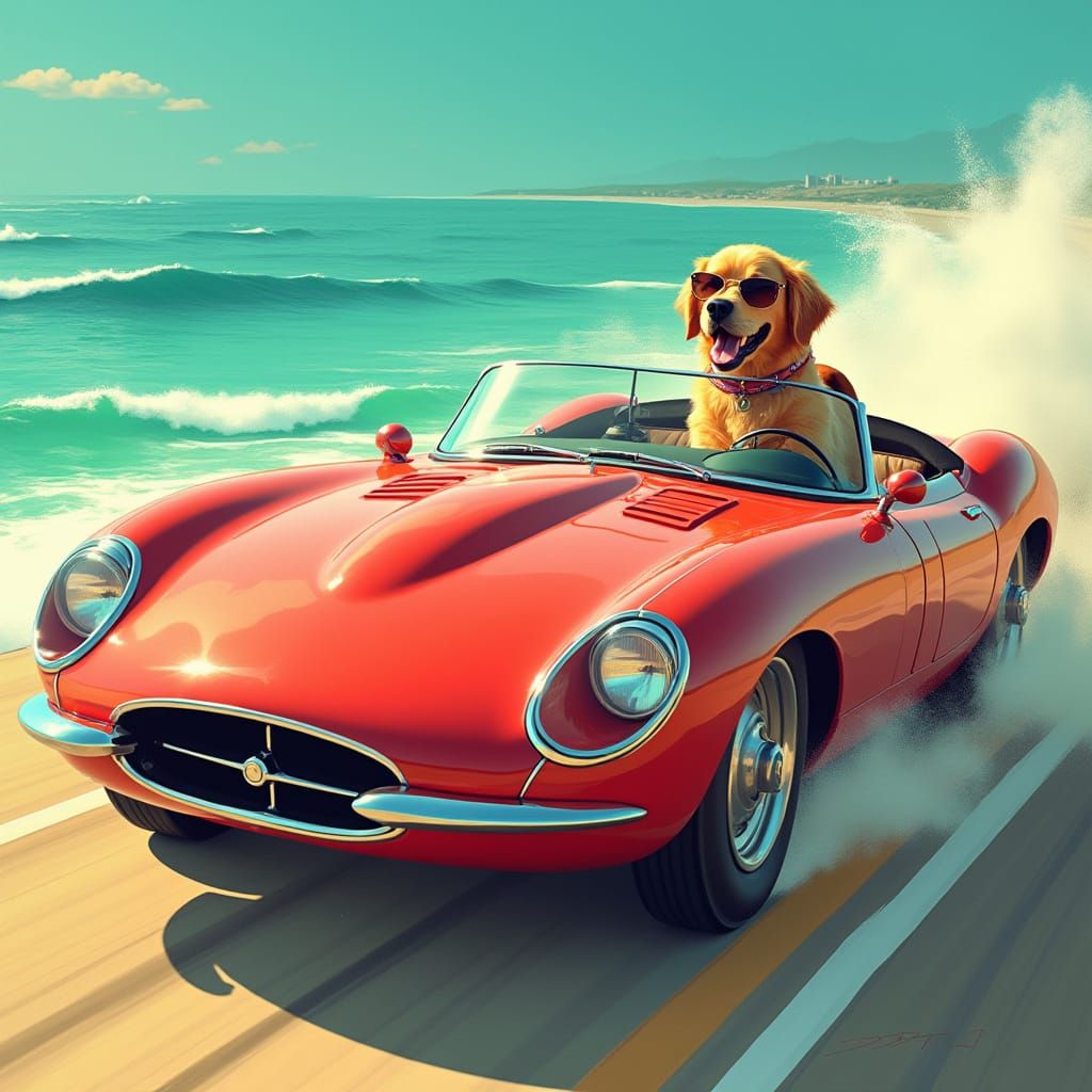 Red Sports Car & Golden Retriever Race Ocean