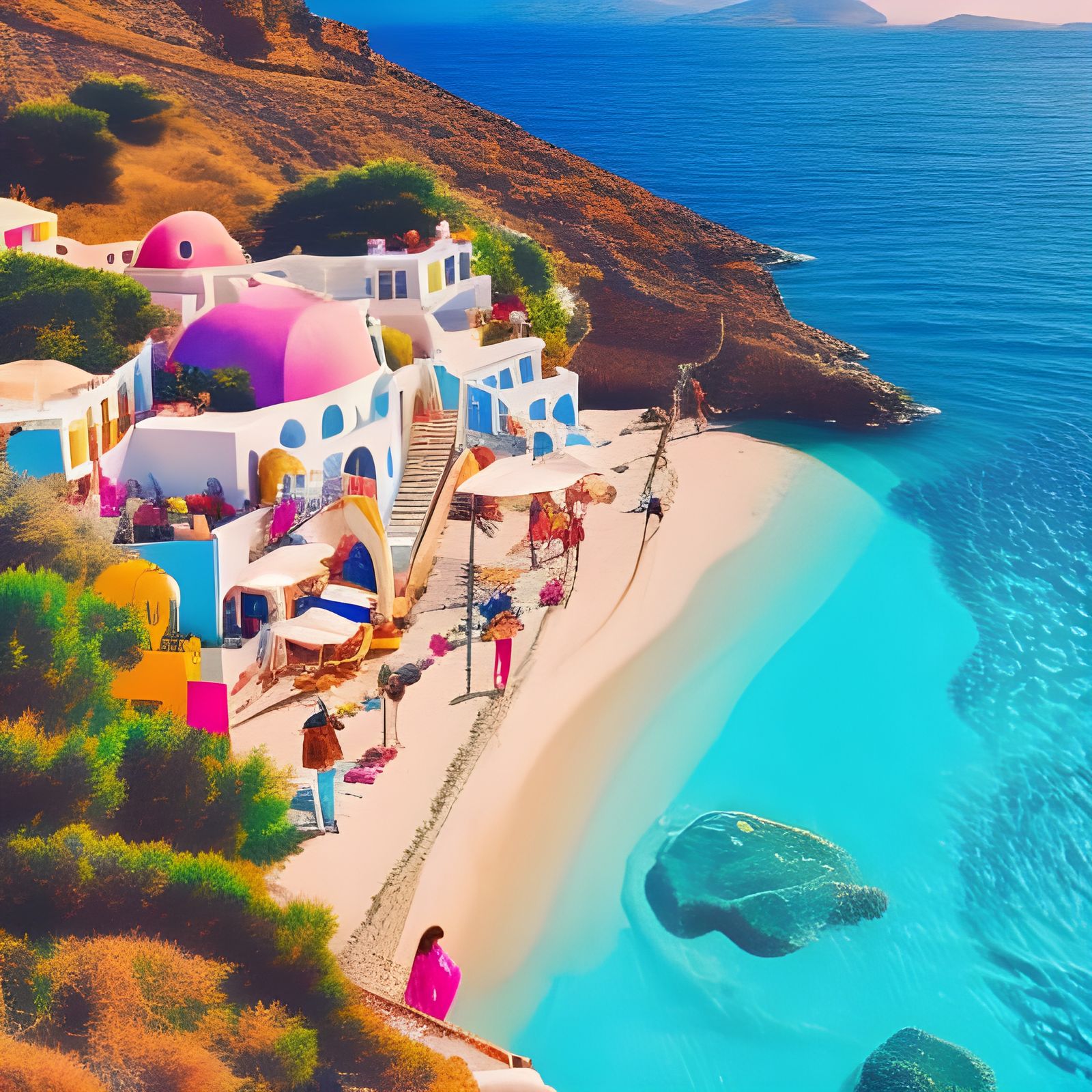 Greek Island Beachside Scene in Pulp Art Style