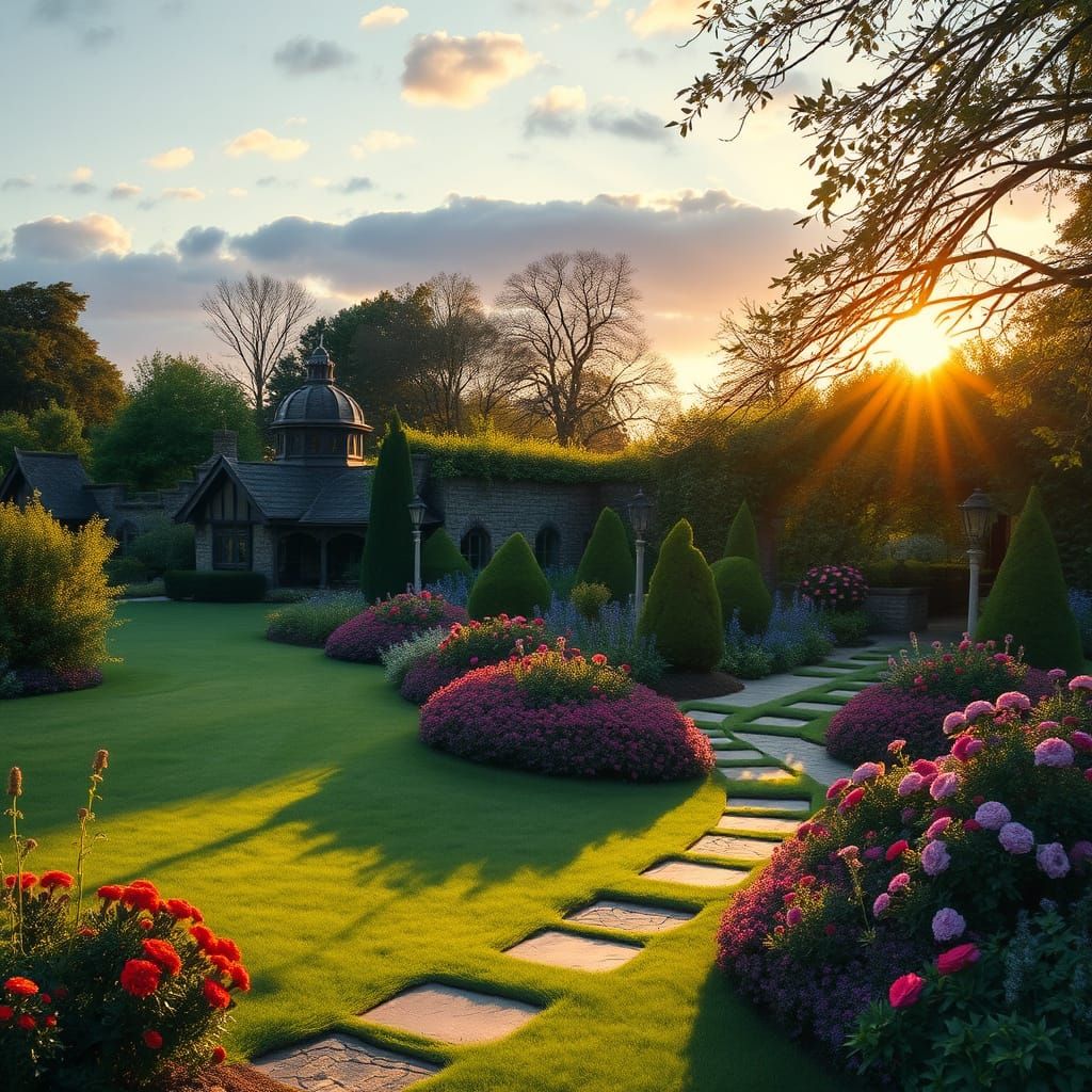 Elegant Edwardian Garden at Dusk with Whimsical Watercolors