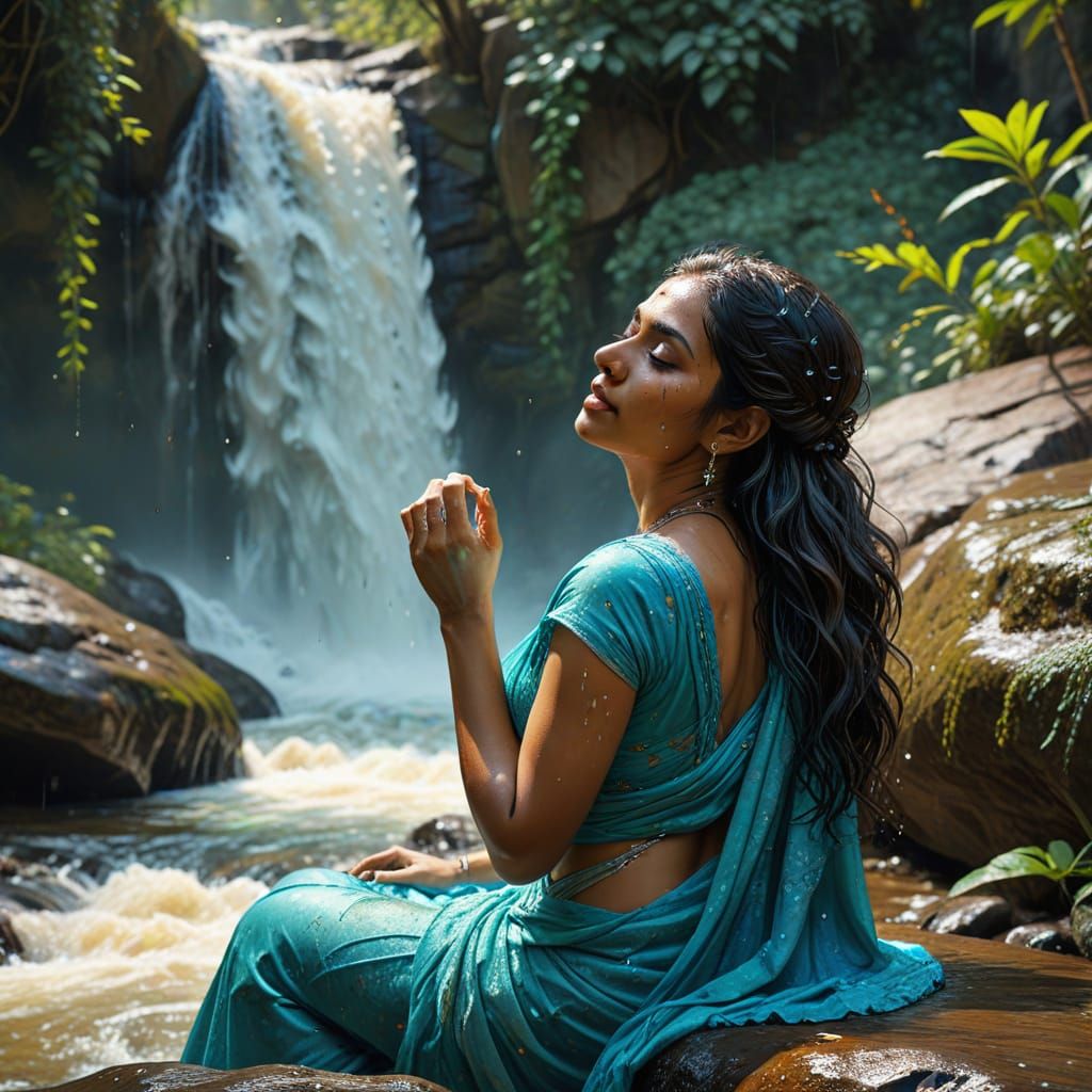Ethereal Indian Goddess in Whispers of the Waterfall