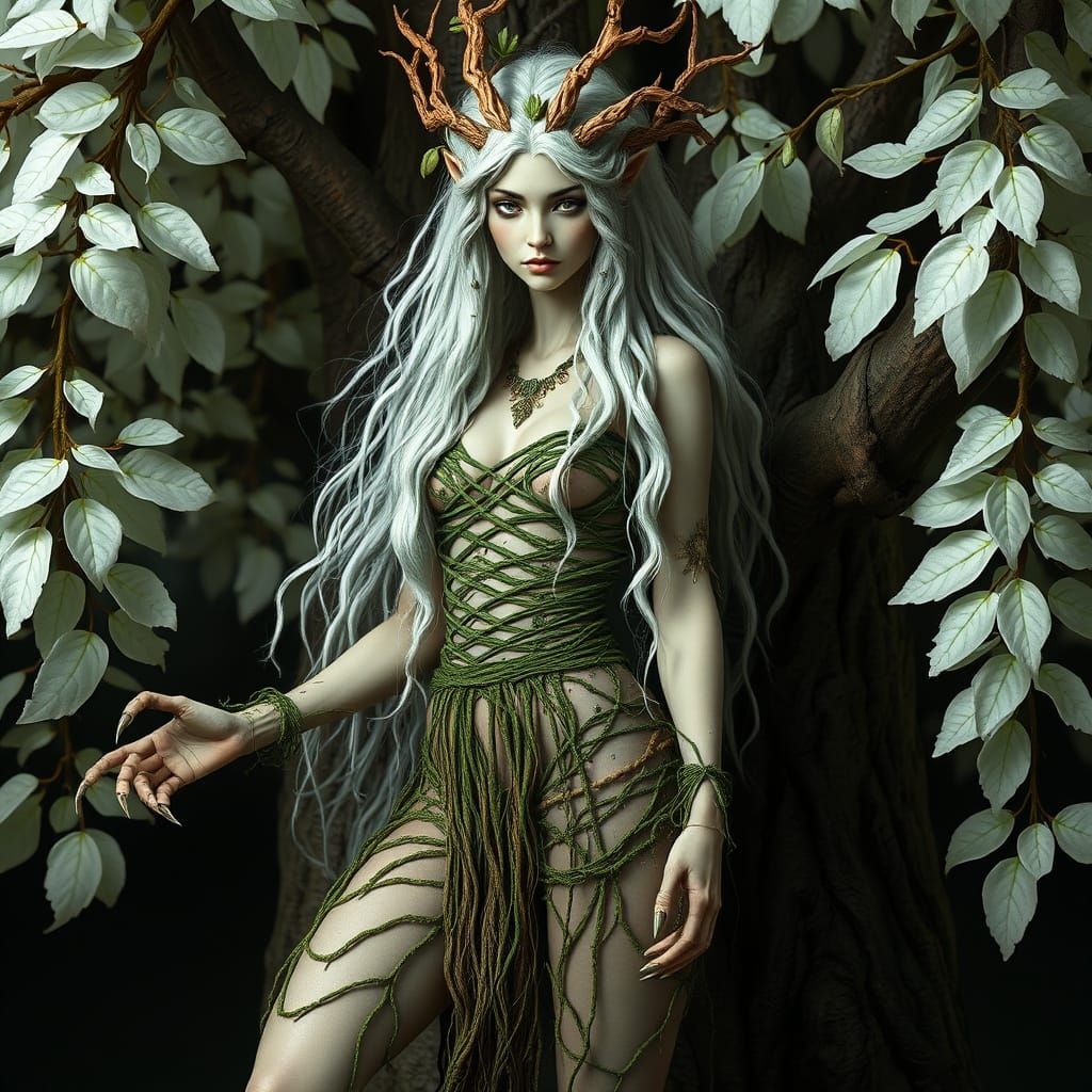 Serene Divine Treant Goddess with Ethereal White Hair