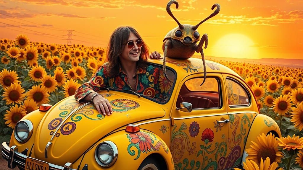 Here comes the sun photoshoot. A beatle in a beetle with a beetle.
