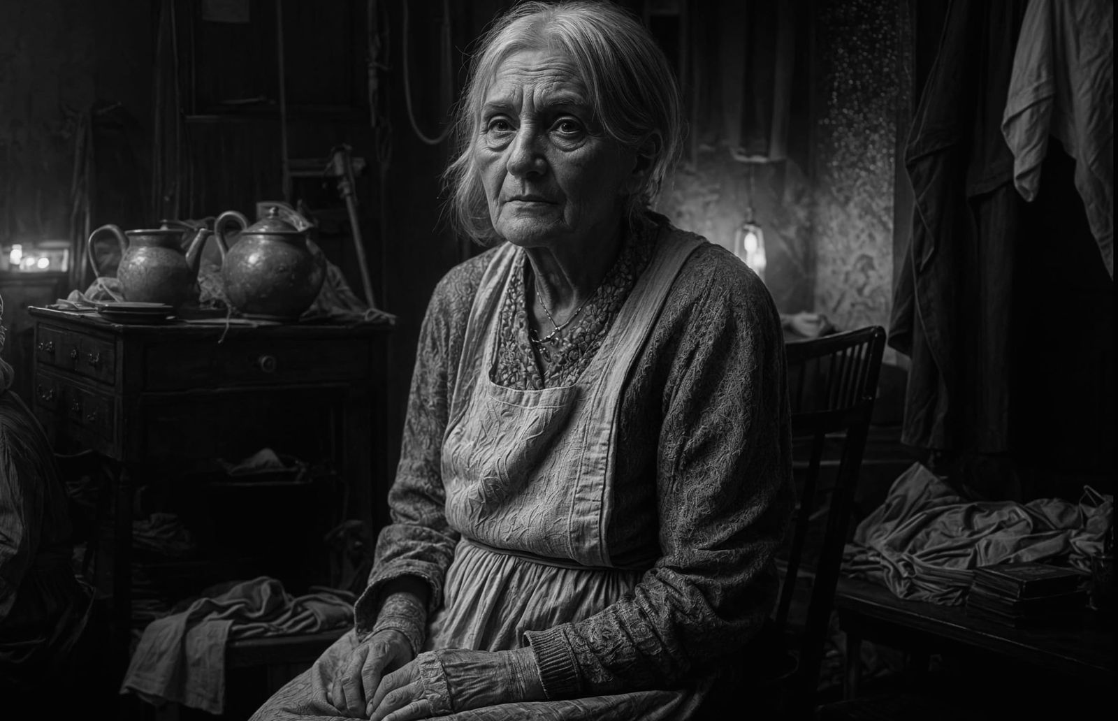 Monochrome Portrait: Old Woman in Dark Room