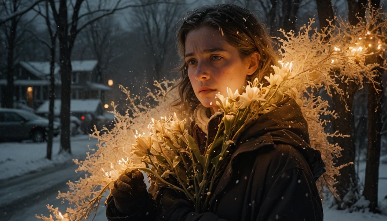 Hyperrealistic Portrait of a Sad Woman in Snow