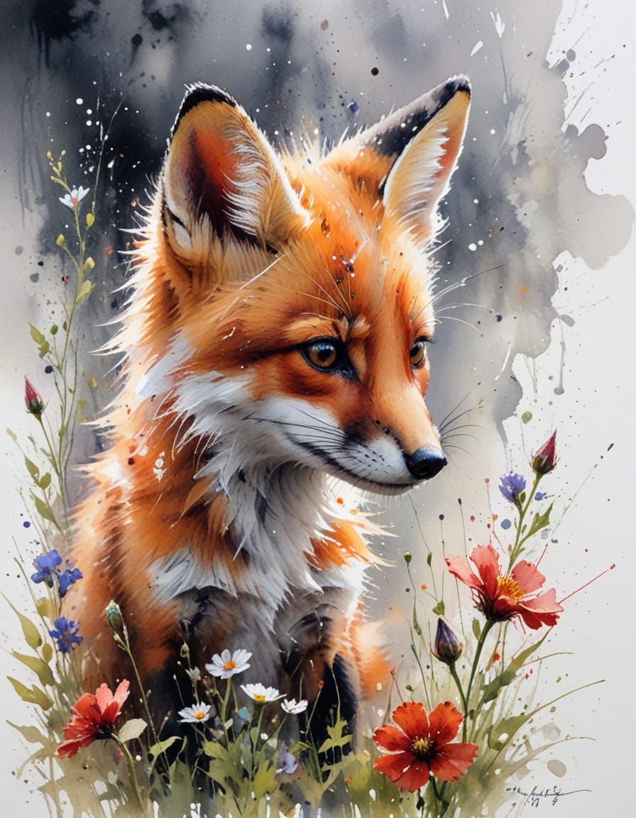 Fox Cub Sniffing Wildflower in Watercolour Style