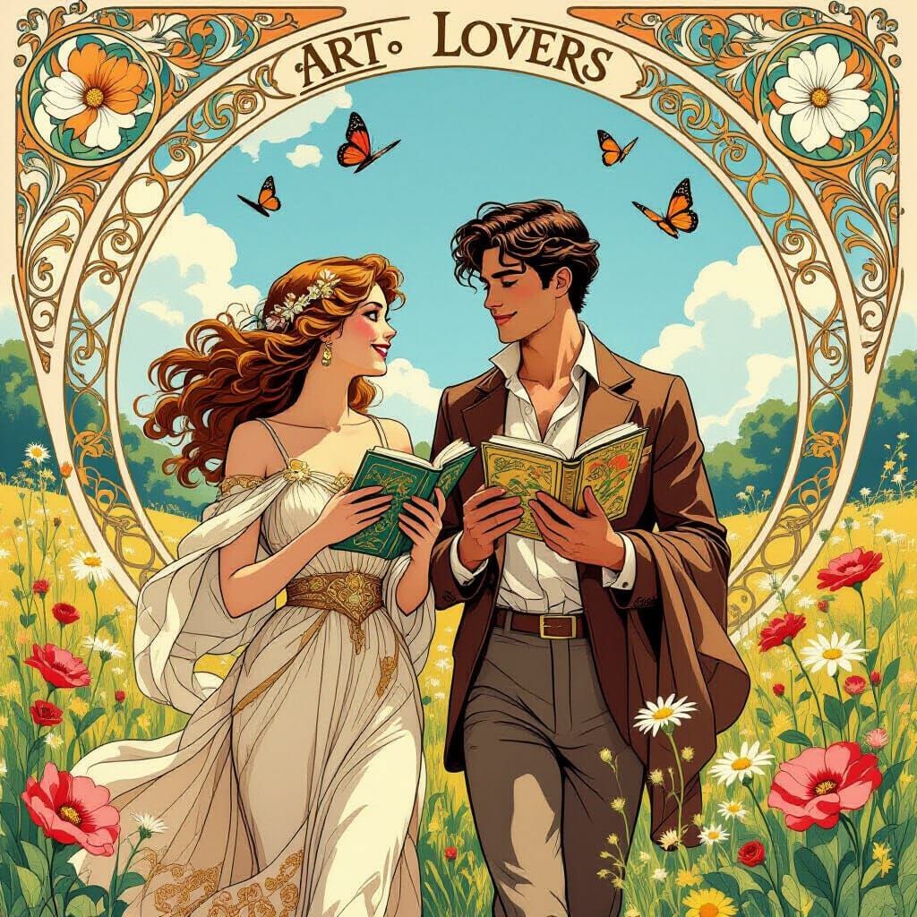 Art Nouveau Lovers Discussing Comics in Meadow