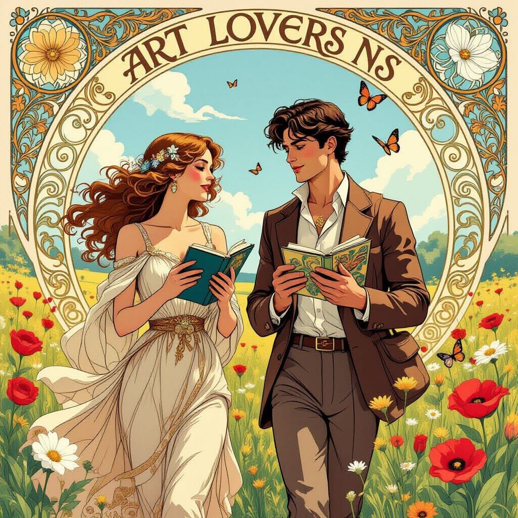 Art Nouveau Lovers Reading Comics in a Meadow