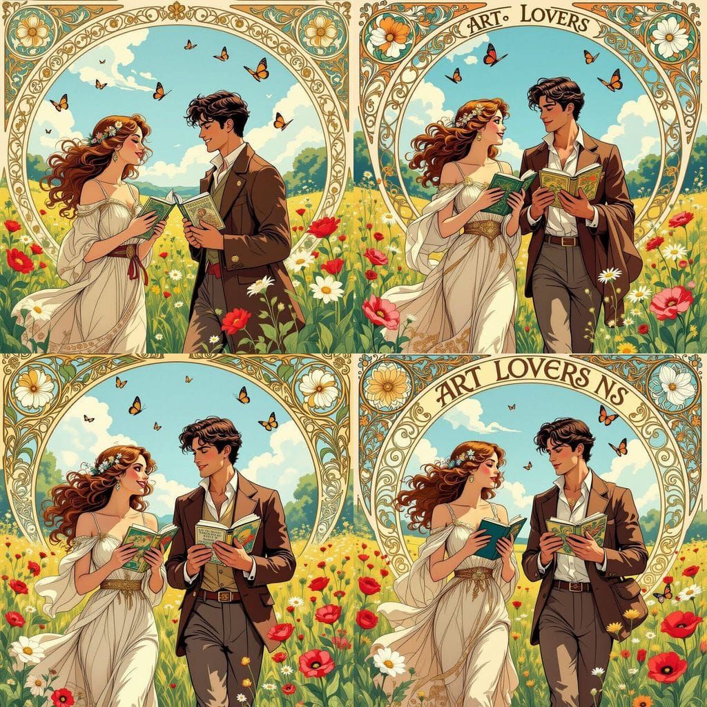 Art Nouveau Lovers in a Meadow Reading Comics