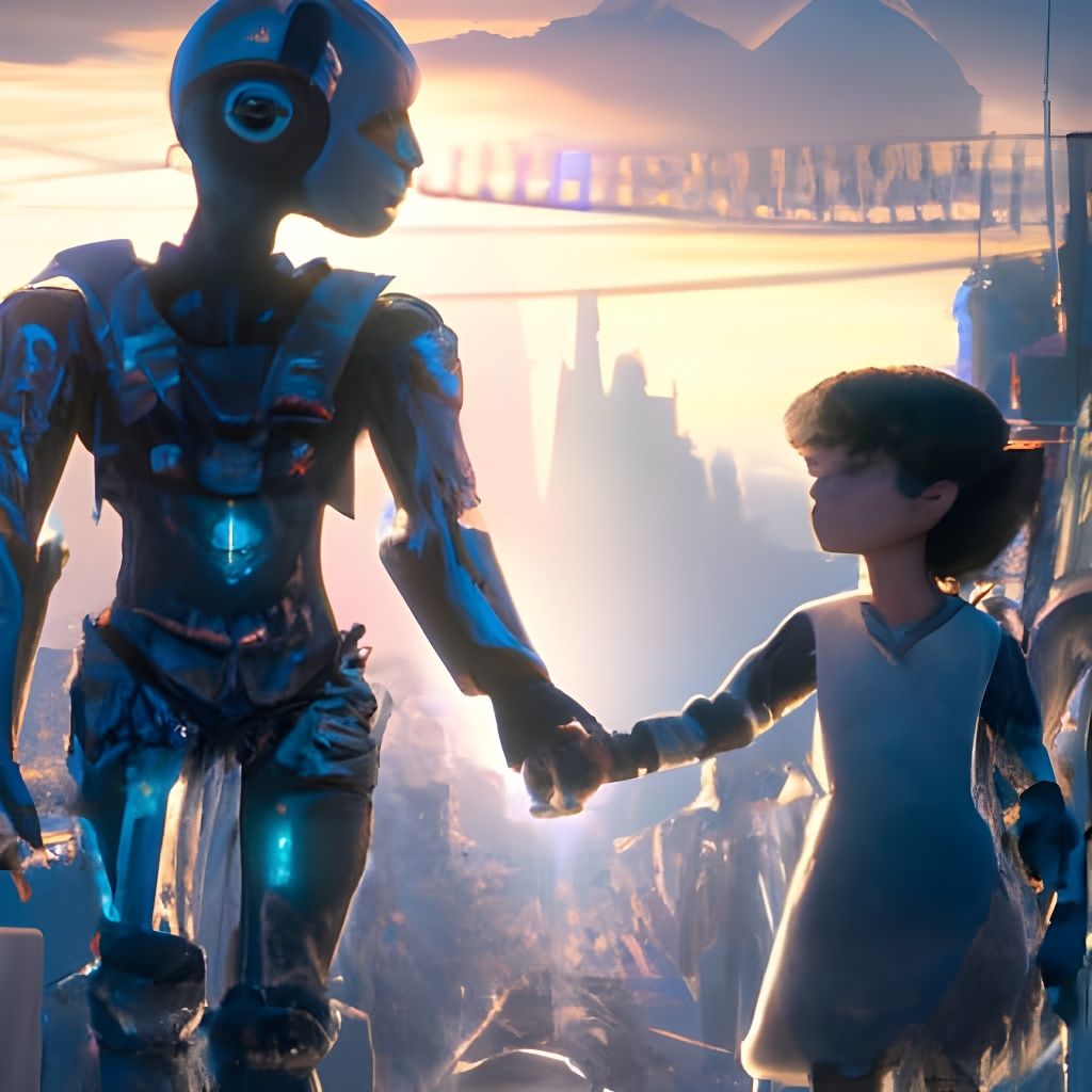Boy and Android Holding Hands in Deserted City