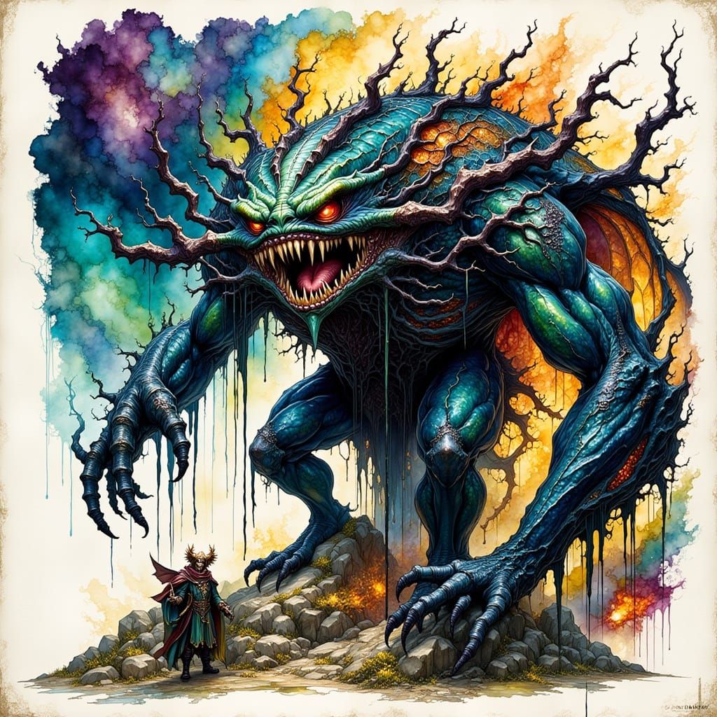Epic Fantasy Creature in Dark Drippy Ink Style