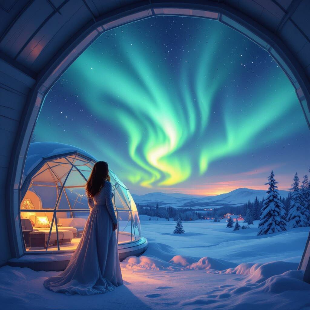 Lady Under Aurora Outside Glass Igloo in Digital Painting St...