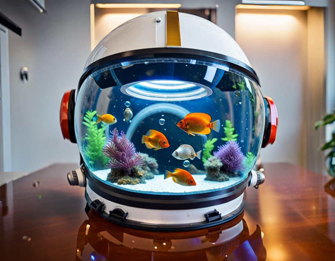 Tropical Fish in Astronaut Helmet Aquarium
