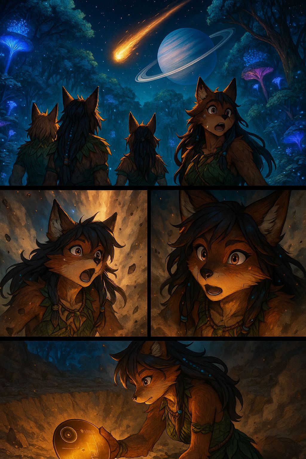 Anime Foxes Witness Meteor in Bioluminescent Forest