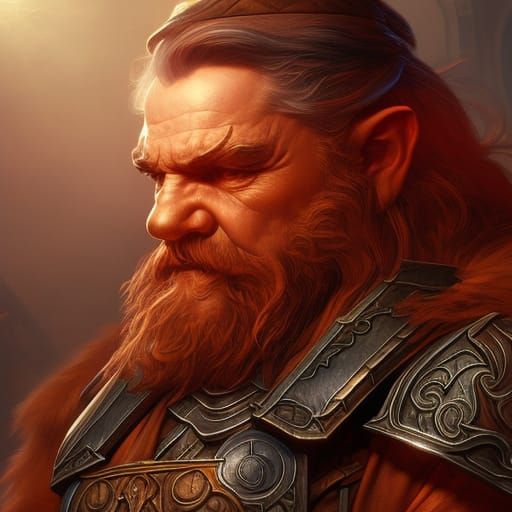 A dwarf concentrating while smithing a sword in the great forge.