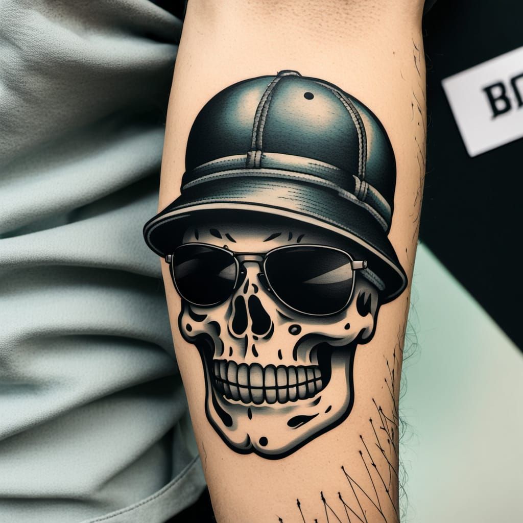 Skull with Bucket Hat in Traditional Tattoo Style