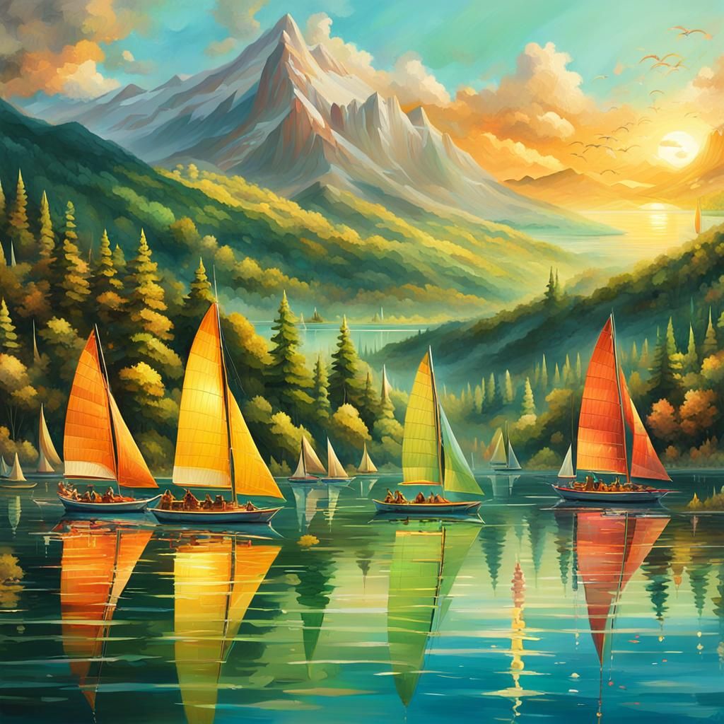 Sailboat Race on Lake: Fantasy Oil Painting