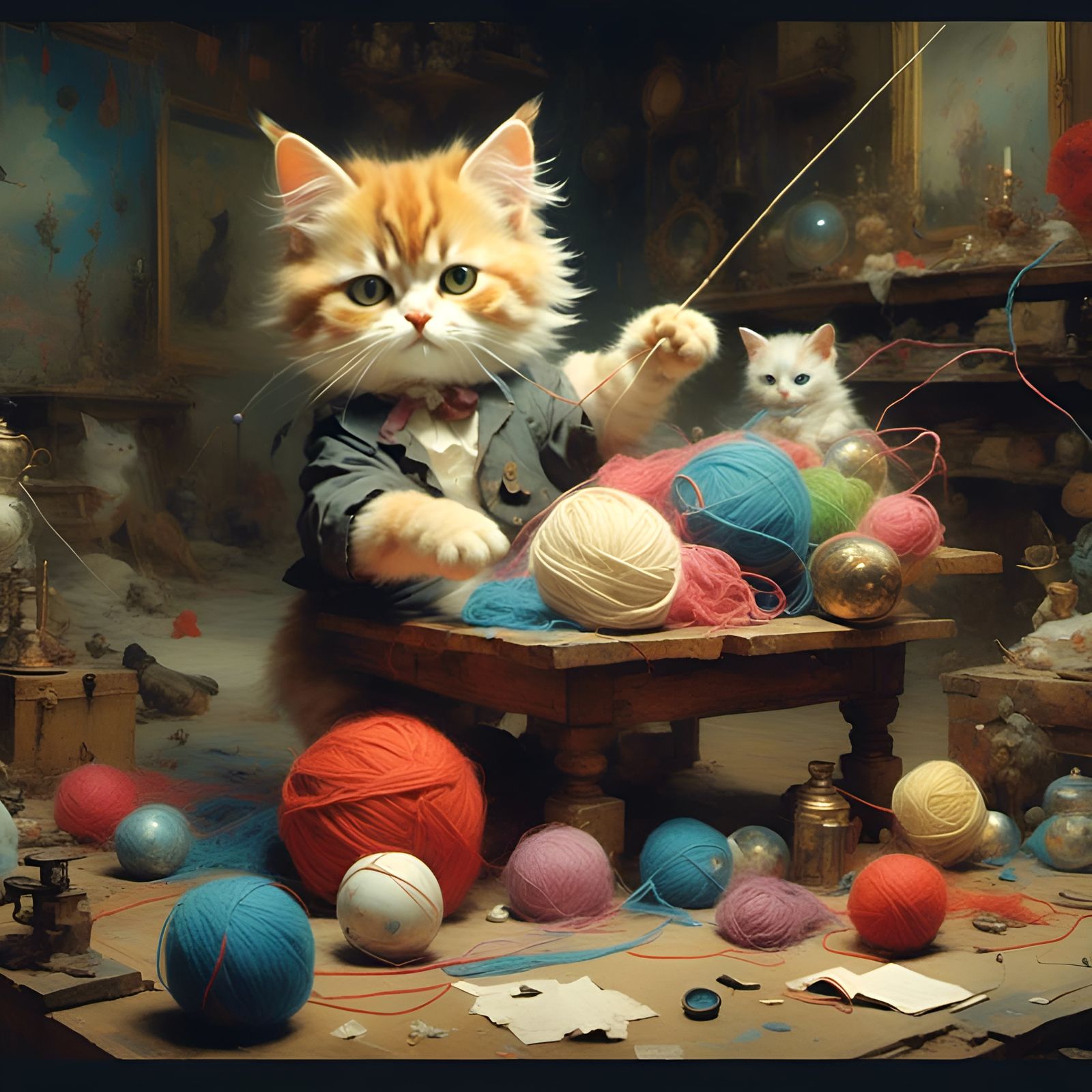 Adorable Cat Amused by Yarn Ball Illustration