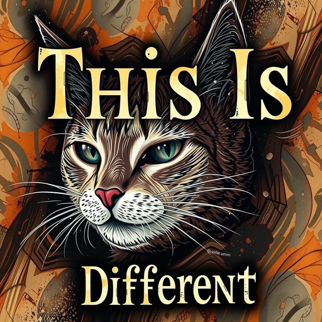 Ink abstraction. Smiling cat. Text says "This Is Different" in a triple bold font. Heavy outline and drop shadow.  fill ...