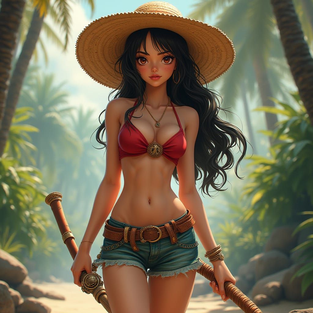 Heroic Amazonian Warrior Girl with Luffy's Eyes and Straw Ha...