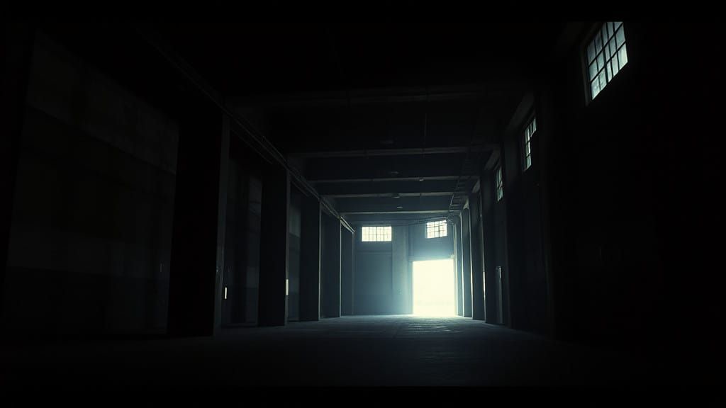 Epic Cinematic Abandoned Brutalist Warehouse at Dusk