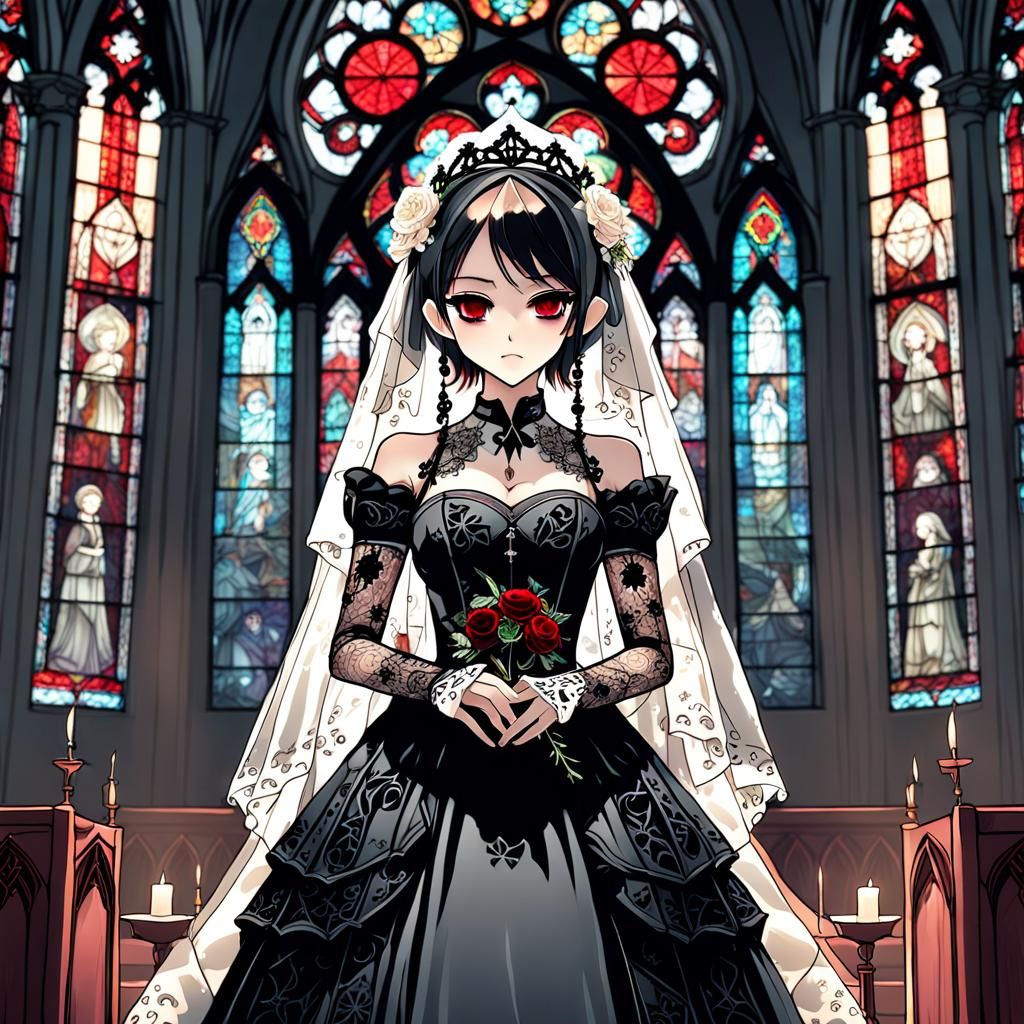 Gothic Anime Bride in Black Dress