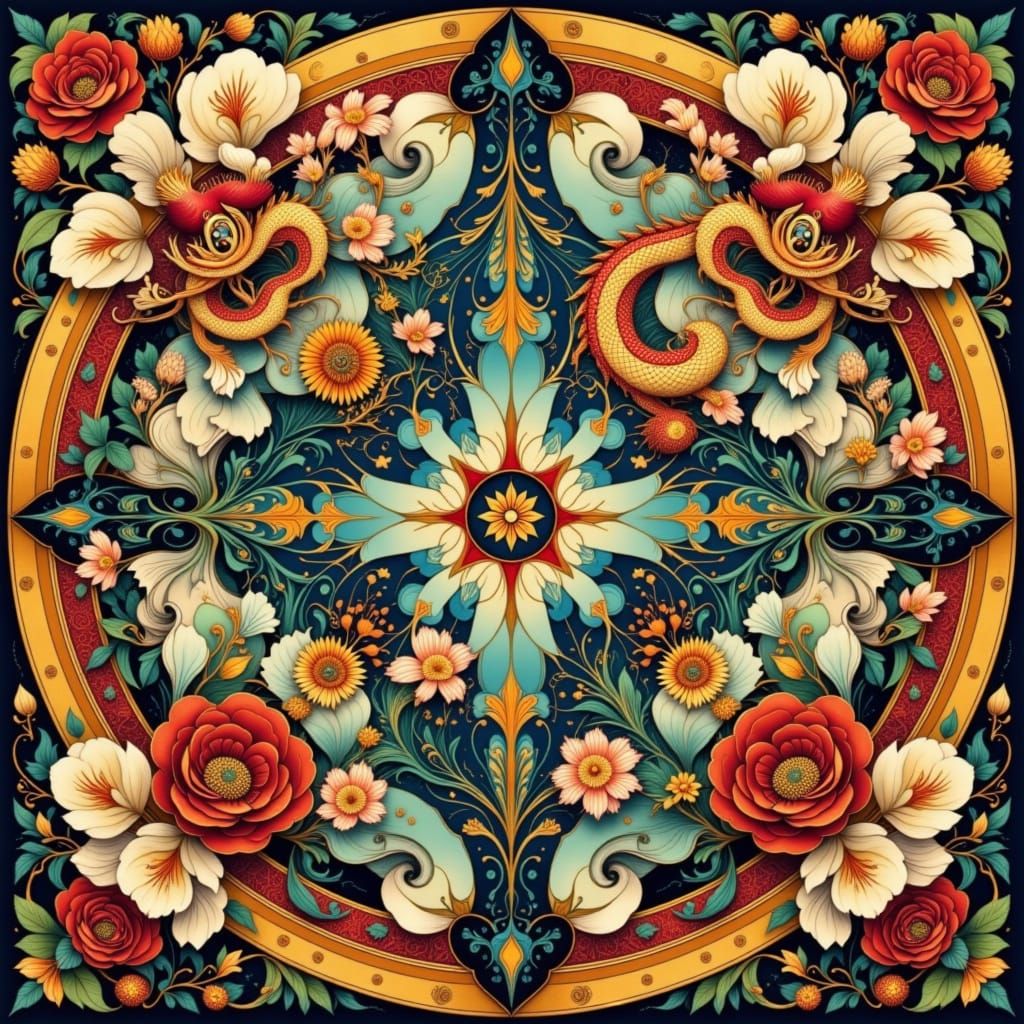 Folk Art Nouveau Cicada Mandala with Dragons