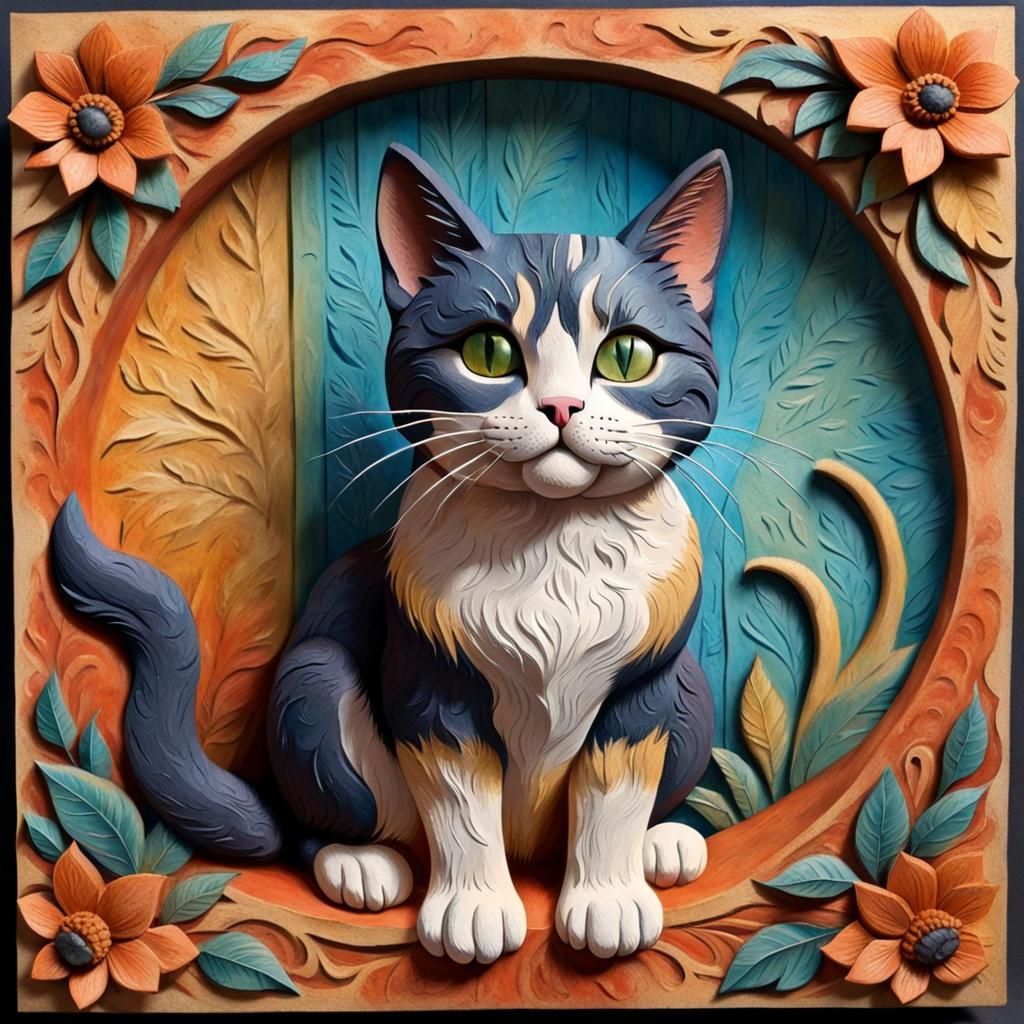 Painted Cat Wood Carving (Starlight XL)