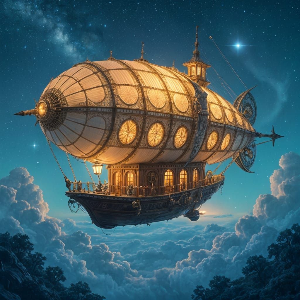 Celestial Airship Voyage in Ghibli Style
