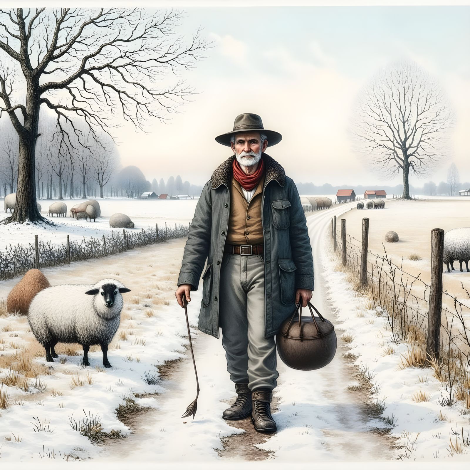 Old Man Walks Winter Path with Sheep