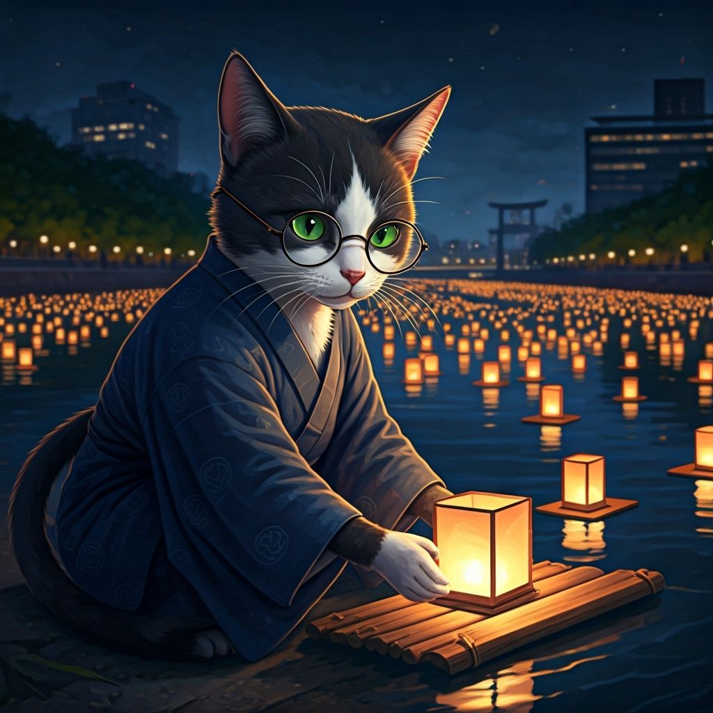 Anthropomorphic Cat at Toro Nagashi Ritual in Hiroshima