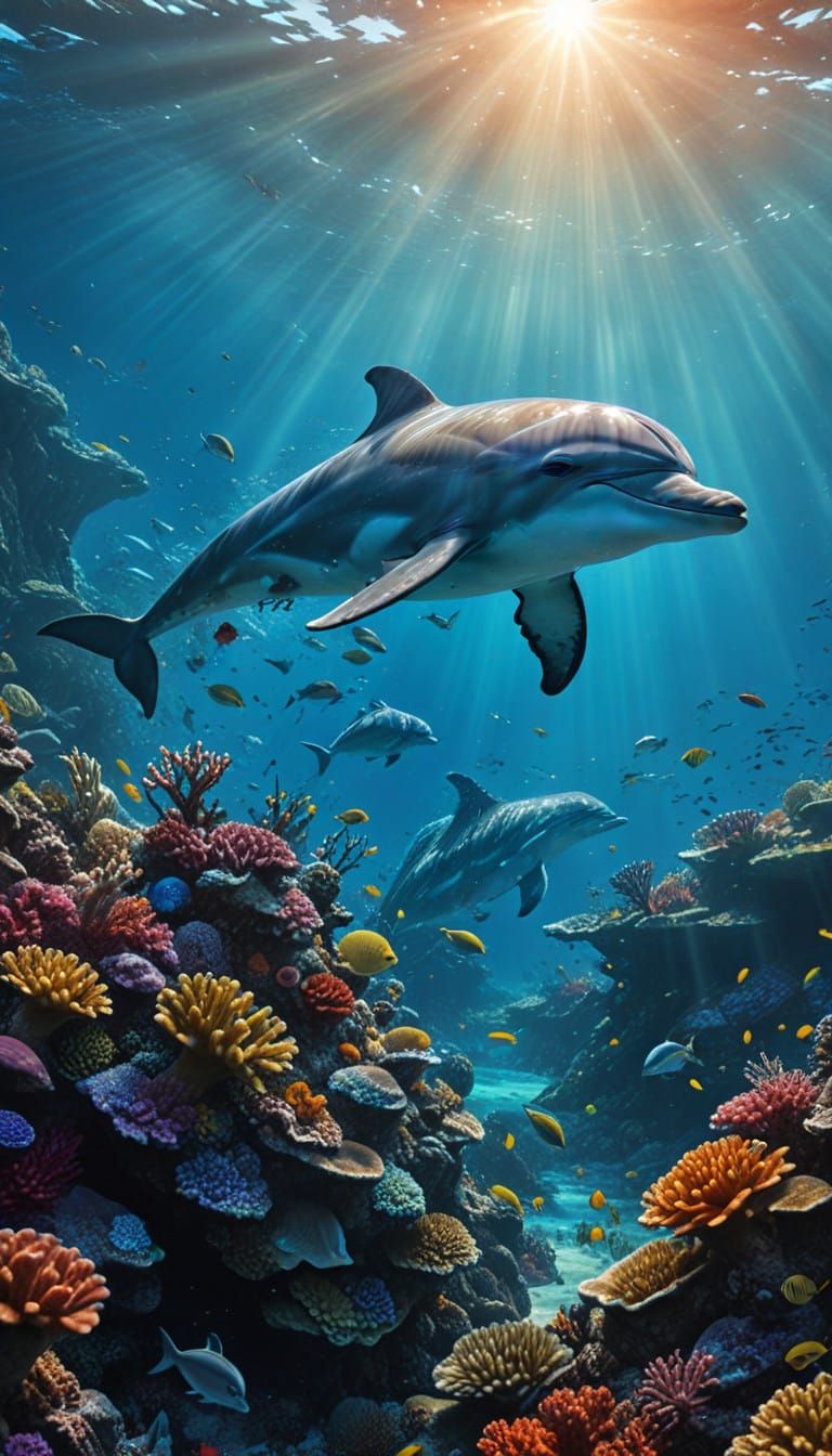 Glowing Dolphin Swims Through Vibrant Coral Reef in Hyperrea...