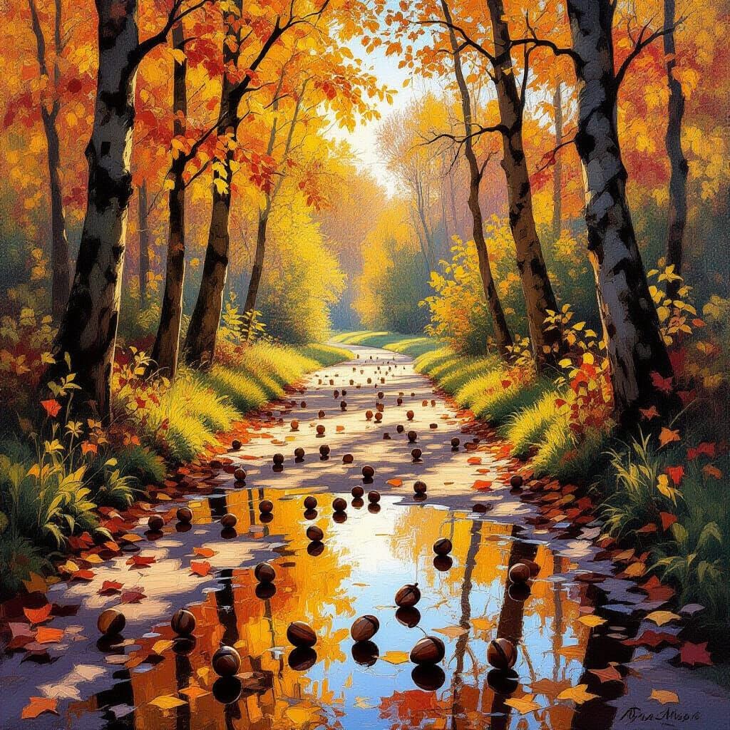 Sunny Autumn Forest Path with Acorns and Puddles