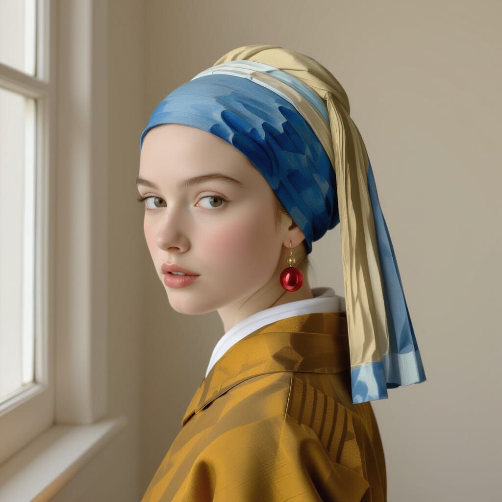 Vermeer Inspired Portrait with Oversized Red Pearl Earring